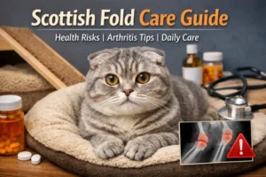 Scottish Fold care guide image showing a silver tabby Scottish Fold with folded ears resting on a soft bed, with joint health and veterinary care items nearby