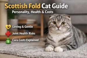 Scottish Fold cat with folded ears and round amber eyes sitting on a carpet in a cozy indoor home setting.