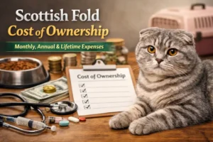 Scottish Fold cost of ownership concept showing a silver tabby Scottish Fold cat with folded ears sitting beside pet supplies, vet tools, and money on a table