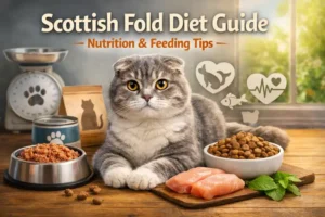 Adult Scottish Fold cat with folded ears sitting beside bowls of wet and dry food for a Scottish Fold diet guide.