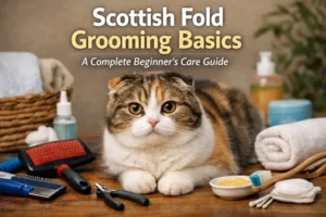 Scottish Fold grooming basics showing a tricolor short-haired Scottish Fold cat sitting on a table with brushes, nail clippers, ear cleaner, and grooming tools