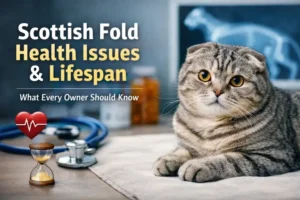 Adult silver tabby Scottish Fold cat with folded ears lying indoors, representing Scottish Fold health issues and lifespan concerns