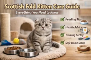 Scottish Fold kitten care guide image showing a silver tabby kitten with folded ears sitting indoors near food bowls, toys, and a soft bed