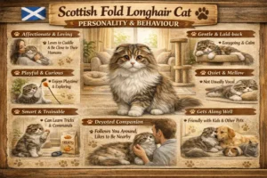 Scottish Fold Longhair cat personality and behavior traits shown in a calm home environment