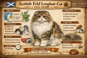 Scottish Fold Longhair cat full breed guide showing folded ears, long coat, and round face