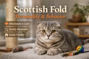 Scottish Fold personality and behavior shown by a calm silver tabby cat with folded ears resting indoors on a cushion