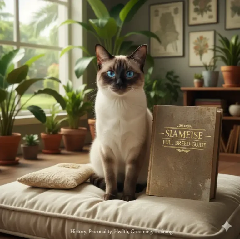 Siamese cat full breed guide showing sleek body, color-point coat, and blue eyes