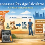Tennessee Rex age calculator chart showing cat years to human years conversion with a curly-coated orange Tennessee Rex cat and age table.