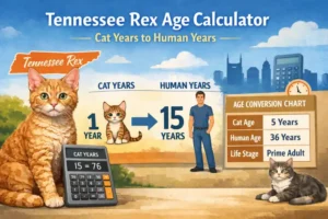 Tennessee Rex age calculator chart showing cat years to human years conversion with a curly-coated orange Tennessee Rex cat and age table.