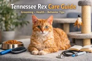 Tennessee Rex cat with soft curly coat sitting indoors beside grooming tools, food bowl, and scratching post for a care guide.