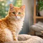 Adult Tennessee Rex cat with a soft curly satin coat sitting indoors, showing its medium build, bright green eyes, and wavy fur texture.