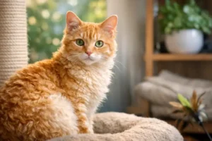 Adult Tennessee Rex cat with a soft curly satin coat sitting indoors, showing its medium build, bright green eyes, and wavy fur texture.