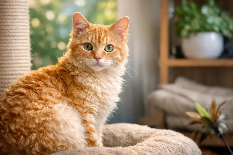 Adult Tennessee Rex cat with a soft curly satin coat sitting indoors, showing its medium build, bright green eyes, and wavy fur texture.