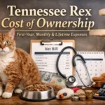 Tennessee Rex cat with curly coat sitting beside vet bill, food bowl, and calculator illustrating Tennessee Rex cost of ownership