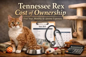 Tennessee Rex cat with curly coat sitting beside vet bill, food bowl, and calculator illustrating Tennessee Rex cost of ownership
