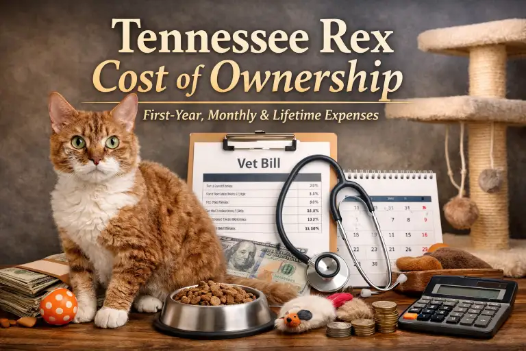 Tennessee Rex cat with curly coat sitting beside vet bill, food bowl, and calculator illustrating Tennessee Rex cost of ownership
