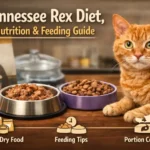 Tennessee Rex cat with a curly short coat sitting beside wet and dry food bowls as part of a Tennessee Rex diet and feeding guide.