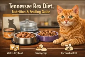 Tennessee Rex cat with a curly short coat sitting beside wet and dry food bowls as part of a Tennessee Rex diet and feeding guide.