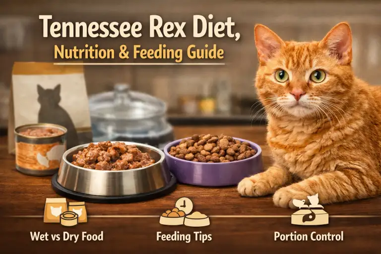 Tennessee Rex cat with a curly short coat sitting beside wet and dry food bowls as part of a Tennessee Rex diet and feeding guide.