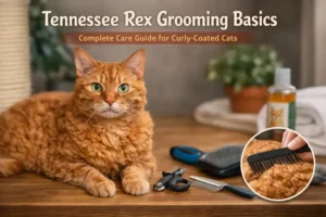 Adult Tennessee Rex with soft curly orange coat lying on a grooming table with brush, comb, and nail clippers for Tennessee Rex grooming basics.