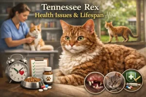 Adult Tennessee Rex cat with a curly short coat resting indoors, illustrating Tennessee Rex health issues and lifespan care considerations.