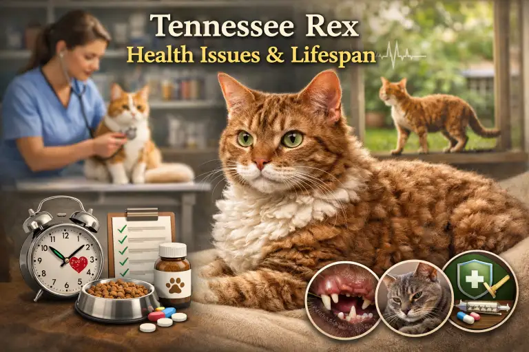 Adult Tennessee Rex cat with a curly short coat resting indoors, illustrating Tennessee Rex health issues and lifespan care considerations.