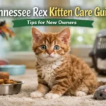 Tennessee Rex kitten with soft curly coat sitting indoors near a food bowl and toy mouse in a family home setting