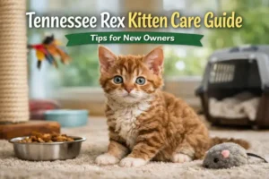 Tennessee Rex kitten with soft curly coat sitting indoors near a food bowl and toy mouse in a family home setting