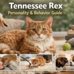 Adult Tennessee Rex cat with a curly red and white coat relaxing indoors, showing the calm and affectionate temperament typical of Tennessee Rex personality and behavior.