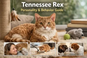 Adult Tennessee Rex cat with a curly red and white coat relaxing indoors, showing the calm and affectionate temperament typical of Tennessee Rex personality and behavior.