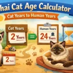 Thai cat age calculator chart showing cat years to human years with a kitten and adult Thai cat side by side
