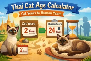 Thai cat age calculator chart showing cat years to human years with a kitten and adult Thai cat side by side