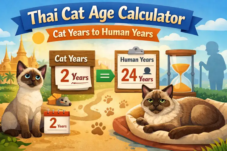Thai cat age calculator chart showing cat years to human years with a kitten and adult Thai cat side by side
