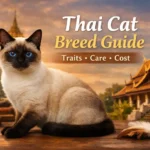 Adult Thai cat breed with seal point coat, bright blue eyes, rounded apple-shaped head, and muscular medium-sized body sitting in front of a traditional Thai temple.