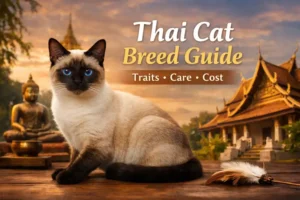 Adult Thai cat breed with seal point coat, bright blue eyes, rounded apple-shaped head, and muscular medium-sized body sitting in front of a traditional Thai temple.