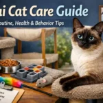 Thai Cat Care Guide showing an adult shorthaired Thai cat with blue eyes resting on a cat tree indoors, surrounded by food bowls, toys, and grooming items.