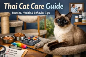 Thai Cat Care Guide showing an adult shorthaired Thai cat with blue eyes resting on a cat tree indoors, surrounded by food bowls, toys, and grooming items.