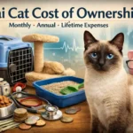 Thai cat cost of ownership illustration showing an adult seal-point Thai cat with blue eyes sitting beside pet supplies, litter box, carrier, vet tools, and money symbols.