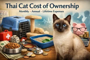 Thai cat cost of ownership illustration showing an adult seal-point Thai cat with blue eyes sitting beside pet supplies, litter box, carrier, vet tools, and money symbols.