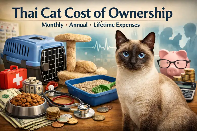 Thai cat cost of ownership illustration showing an adult seal-point Thai cat with blue eyes sitting beside pet supplies, litter box, carrier, vet tools, and money symbols.