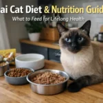Adult Thai cat with blue eyes and short cream coat sitting beside wet and dry food bowls for a Thai Cat Diet and Nutrition Guide article