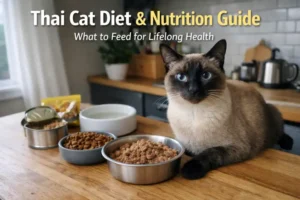 Adult Thai cat with blue eyes and short cream coat sitting beside wet and dry food bowls for a Thai Cat Diet and Nutrition Guide article