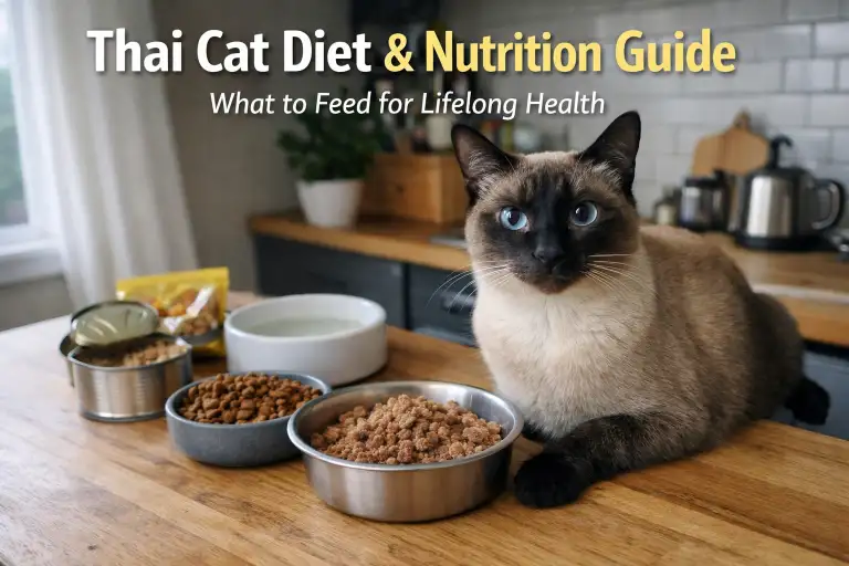 Adult Thai cat with blue eyes and short cream coat sitting beside wet and dry food bowls for a Thai Cat Diet and Nutrition Guide article
