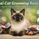 Thai cat with short cream coat and blue eyes being brushed and having nails trimmed during grooming session