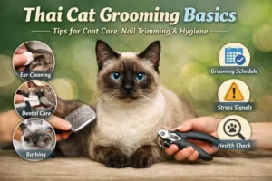 Thai cat with short cream coat and blue eyes being brushed and having nails trimmed during grooming session