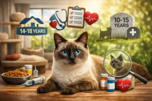 Adult Thai cat with cream coat and blue eyes resting indoors, illustrating Thai cat health issues and lifespan.