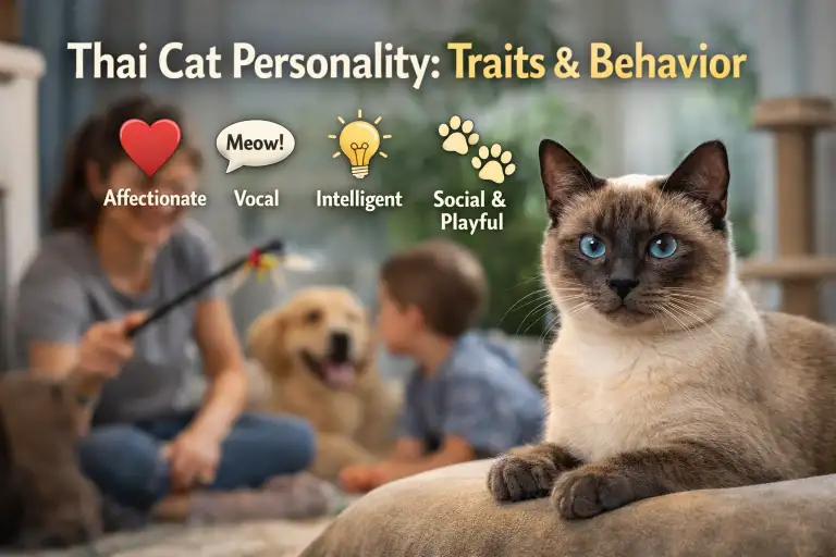 Adult Thai cat with blue eyes and short seal-point coat sitting indoors, showing the alert and social Thai cat personality.