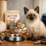 Thai kitten with cream coat and blue eyes sitting indoors beside food bowls, toys, grooming tools, and a carrier for a Thai Kitten Care Guide article.
