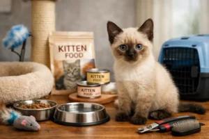 Thai kitten with cream coat and blue eyes sitting indoors beside food bowls, toys, grooming tools, and a carrier for a Thai Kitten Care Guide article.