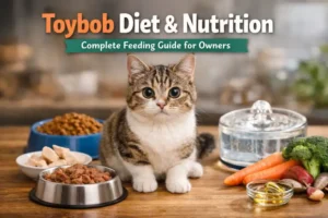 A small Toybob cat sitting next to bowls of wet and dry food with a water fountain nearby, illustrating a healthy diet and hydration.